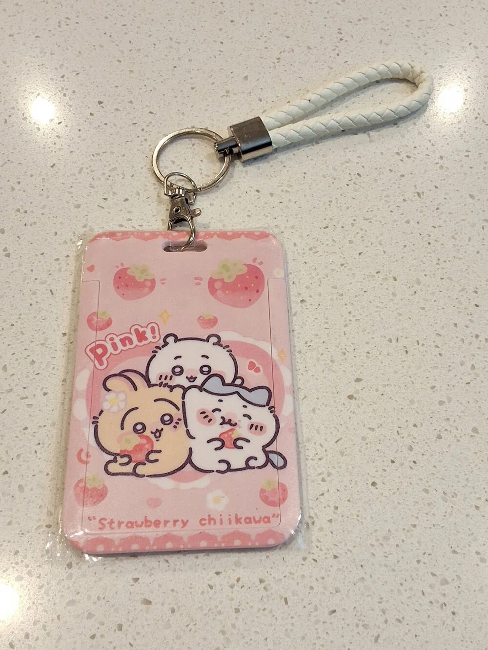 Chiikawa Strawberry Pink ID Badge Holder Card Holder Keychain Wrist Strap, NEW